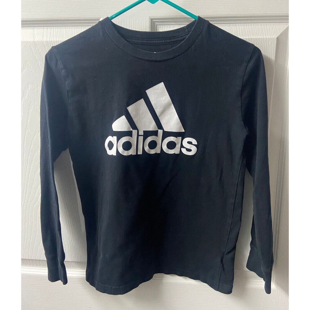 Adidas T-Shirt  Youth Kids Medium Black Crew Neck Long Sleeved Jersey White Logo